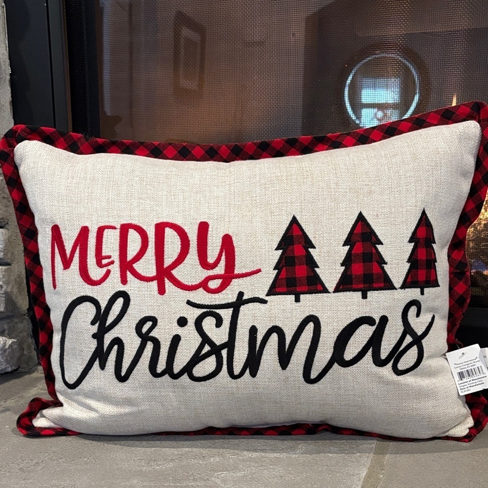 Merry Christmas Embroidered script, buffalo plaid Christmas trees/trim rectangle